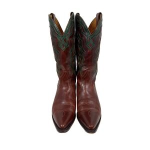 VTG BOULET Women's Leather Cowgirl Boots, Brown Green Western Boots, Size 8
